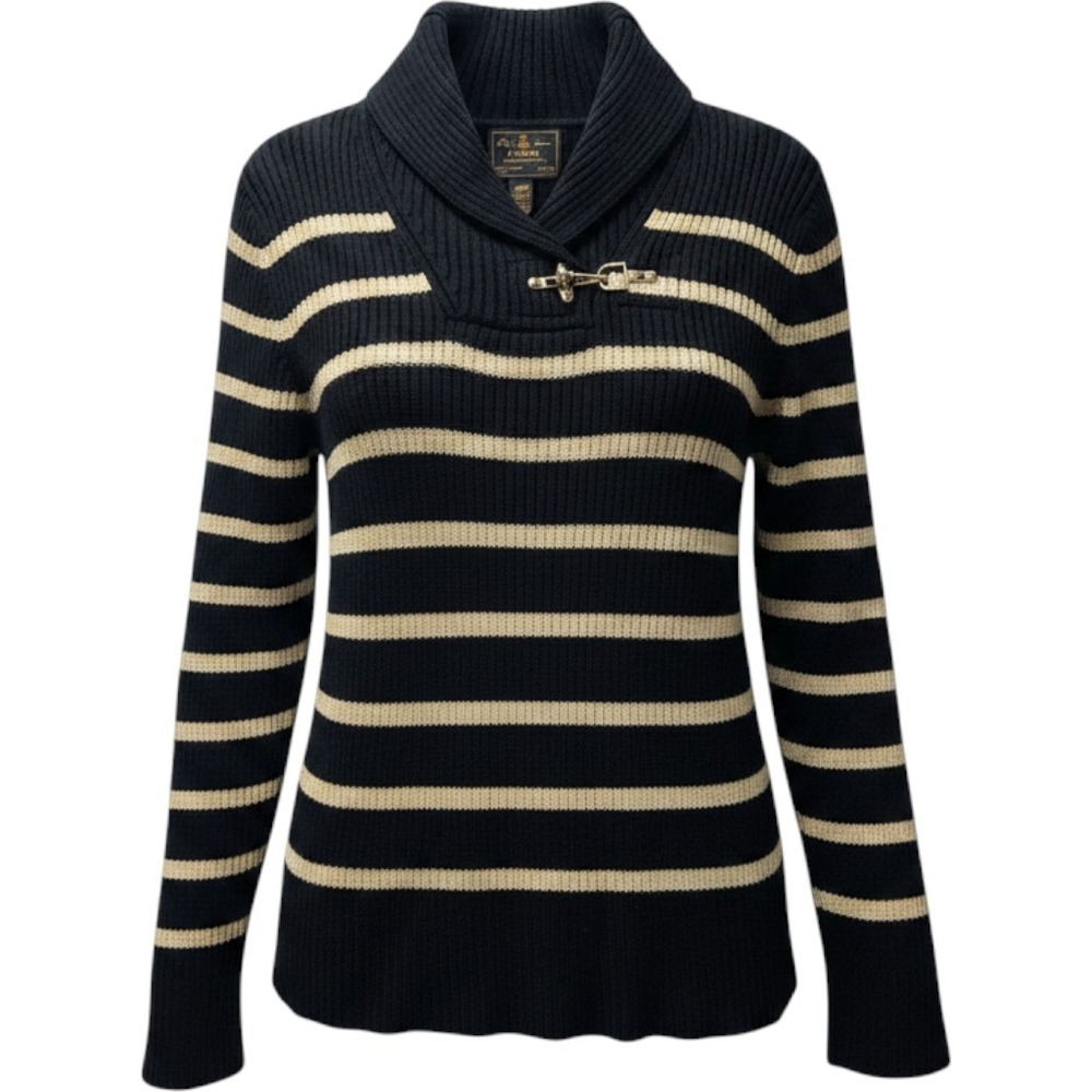 Lauren Ralph Lauren XL Black Gold Sweater Metallic Shawl Nautical Fisherman Cozy